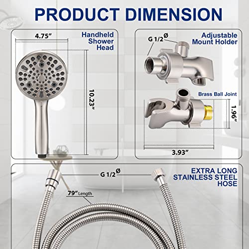 YASINU High Pressure 10-Setting Handheld Shower Head, 5" Detachable Shower Spray, 79" Extra Long Stainless Steel Hose, Adjustable Bracket - Brushed Nickel - Image 4