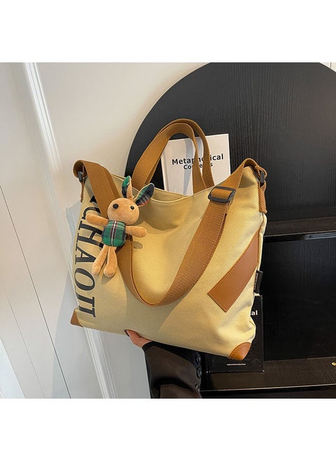Japanese Canvas Tote Bag Casual Large Capacity Ao khaki color with pendant