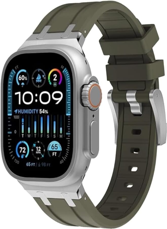 Next store Liquid Silicone Rubber Band Compatible with Apple Watch Series Ultra 2 | 9 | 8 Ultra | 8 | 7 | 6 | 5 49mm 45mm 44mm 42mm, Premium Rubber Strap with Stainless Steel Adapter (Olive & Silver)