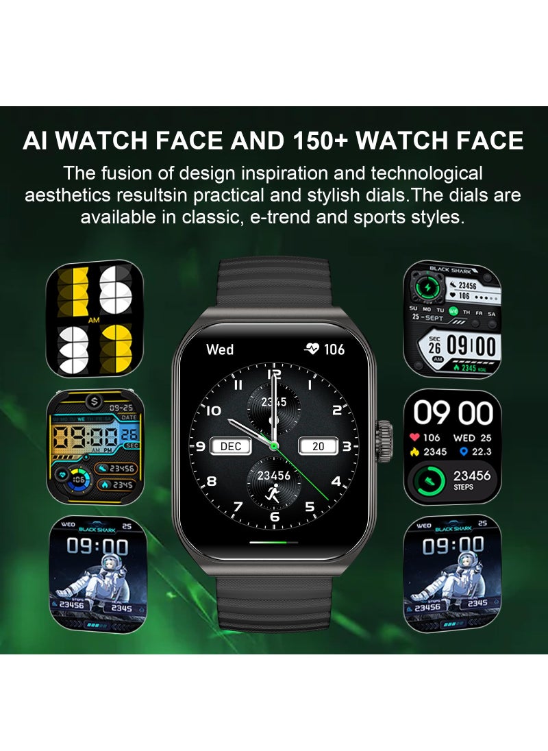 بلاك شارك - ساعة ذكية GT3، ساعة ذكية AMOLED مقاس 1.96 بوصة، ميكروفون ومكبر صوت مدمجين بتقنية Bluetooth ENC، صوت GPT ذكي، مراقب معدل ضربات القلب، أكثر من 100 وضع رياضي، IP68، مع شريطين، أسود - Image 1