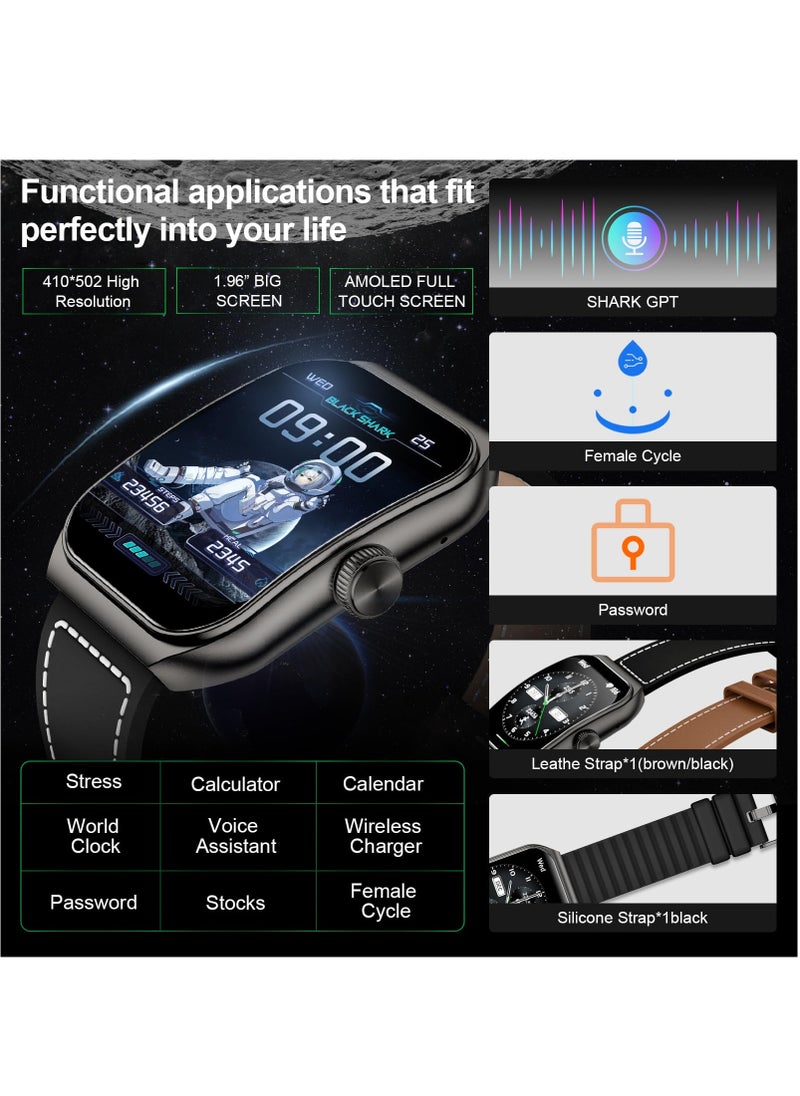 بلاك شارك - ساعة ذكية GT3، ساعة ذكية AMOLED مقاس 1.96 بوصة، ميكروفون ومكبر صوت مدمجين بتقنية Bluetooth ENC، صوت GPT ذكي، مراقب معدل ضربات القلب، أكثر من 100 وضع رياضي، IP68، مع شريطين، أسود - Image 1