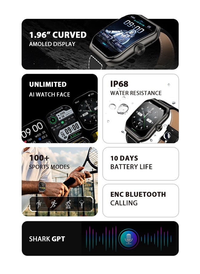 بلاك شارك - ساعة ذكية GT3، ساعة ذكية AMOLED مقاس 1.96 بوصة، ميكروفون ومكبر صوت مدمجين بتقنية Bluetooth ENC، صوت GPT ذكي، مراقب معدل ضربات القلب، أكثر من 100 وضع رياضي، IP68، مع شريطين، أسود - Image 1