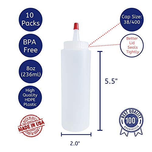 kelkaa 8oz HDPE Plastic Squeeze Bottles with Wide Mouth Opening, Red Tip Yorker Caps with 0.030 Orifice for Condiments and Any Thick Liquids Products, Refillable Empty Bottles (Pack of 10) - Image 2