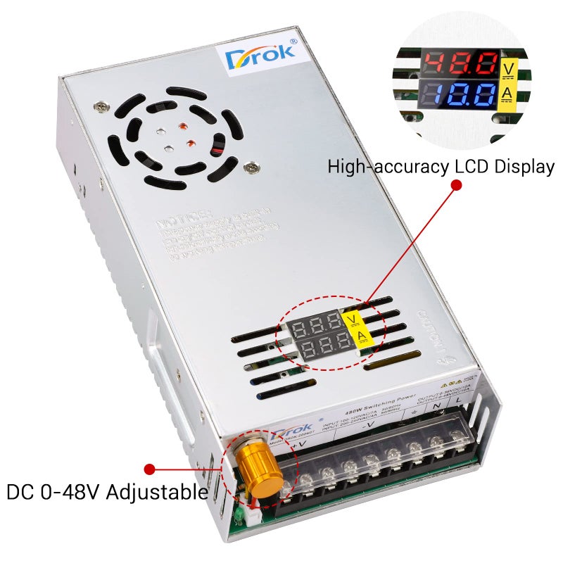 DROK 48V Power Supply, AC 110V/220V to DC 0-48V 10A 480W Buck Converter Dual Display, Variable Adjustable Transformer Regulated 5V 12V 24V 30V 36V 48V Volt Switching Voltage Adaptor 10A Amp Charger - Image 2
