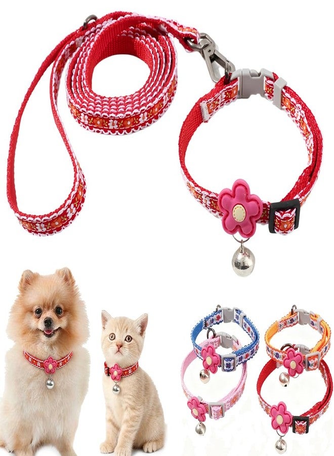 Weimostar Red Flower XXS Dog Collar with Bell Leash Set, Floral Nylon Cat Leash Soft Adjustable for XS Extra Small Puppy Female Tiny Pets Dogs Girl Kitten Yorkie Chihuahua XSmall - Image 1