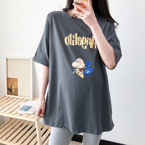 Pregnant womens summer short sleeve top set long Korean version of loose maternity clothes fashion hot mom cotton T-shirt Dark gray coat [single piece]] 