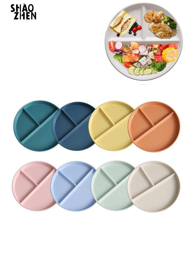 SHAOZHEN Unbreakable Divided Plates Set of 8, Wheat Straw Plate Reusable Dinnerware Portion Control Plate, Round Bariatric Plastic Plate for Kids Adults, BPA-free, Dishwasher Safe - Image 1