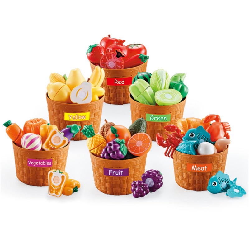 Color Sorting Play Food Set,42 PCS Learning Toys for Boys & Girls, Cutting Food Toy, Kitchen Accessories for Kids, Toddler Sorting /Fine Motor Skills Toy, Daycare/Preschool Educational Toys