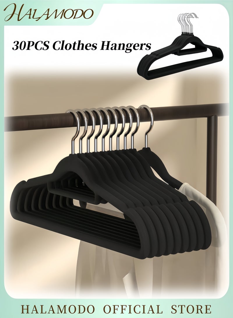 HALAMODO 30PCS Clothes Hangers Premium Thickened Flocking hangers Non-Slip Space Saving Clothes Hanger Heavy Duty Durable Black Hangers Notched Hanger for Coats & Pants & Dress - Image 1