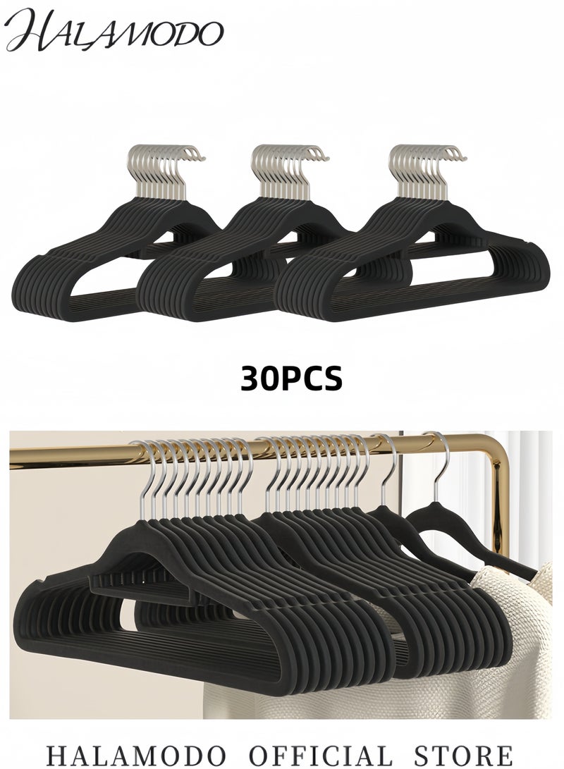 HALAMODO 30PCS Clothes Hangers Premium Thickened Flocking hangers Non-Slip Space Saving Clothes Hanger Heavy Duty Durable Black Hangers Notched Hanger for Coats & Pants & Dress - Image 2