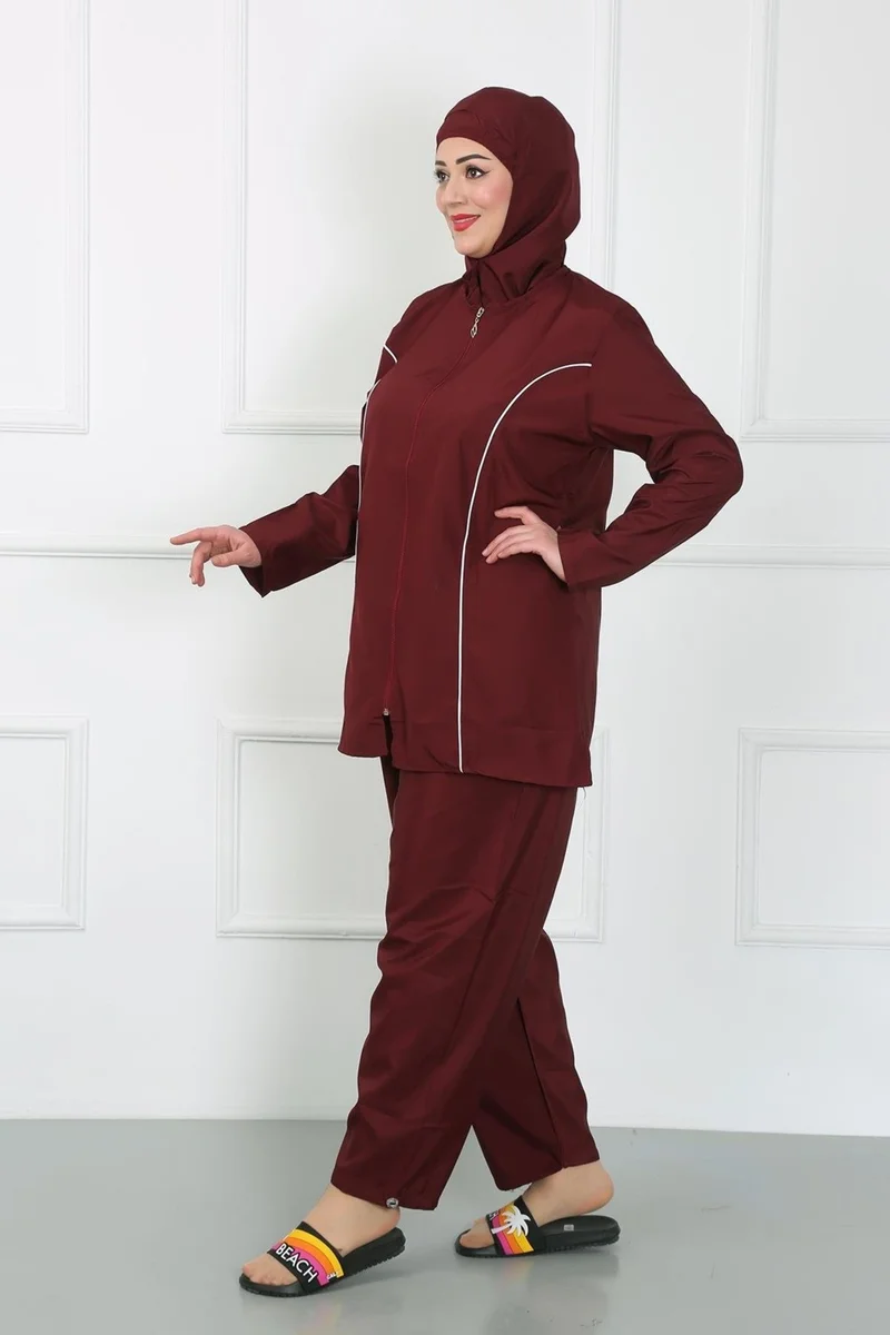 اكبينيز Plus Size Hijab Large Swimsuit Claret Red 44010