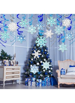 HOWAF HOWAF 30 Pcs Winter Snowflake Birthday Baby Shower Hanging Swirl Decorations,NO-DIY Winter Wonderland Blue White Snowflake Foil Hanging Ceiling Decor for Frozen Winter Xmas New Year Holiday  - Image 5
