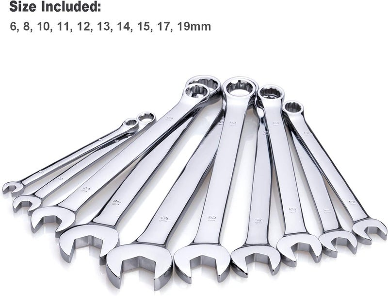 EFFICERE Max Torque 10-Piece Premium Metric Combination Wrench Set, Chrome Vanadium Steel, Long Pattern Design | Include Metric Sizes 6, 8, 10, 11, 12, 13, 14, 15, 17, 19mm with Storage Rack Organizer - Image 2