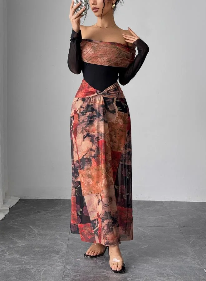 Take Two Off Shoulder Printed Maxi Dress with Sheer Sleeve