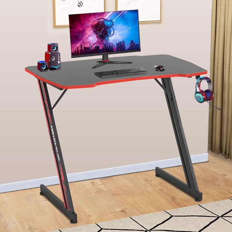 BestOffice Gmaing Desk 35.4in PC Computer Desk Z Shaped Gaming Workstation Ergonomic Gaming Table with Headphone Hook for Home Office, Red - Image 1