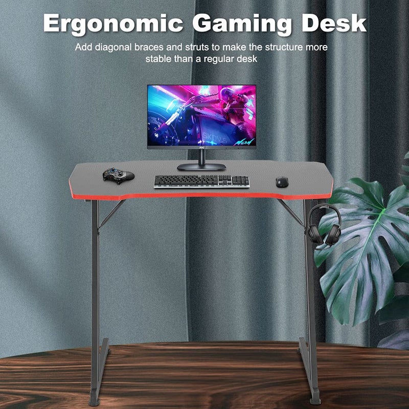 BestOffice Gmaing Desk 35.4in PC Computer Desk Z Shaped Gaming Workstation Ergonomic Gaming Table with Headphone Hook for Home Office, Red - Image 2