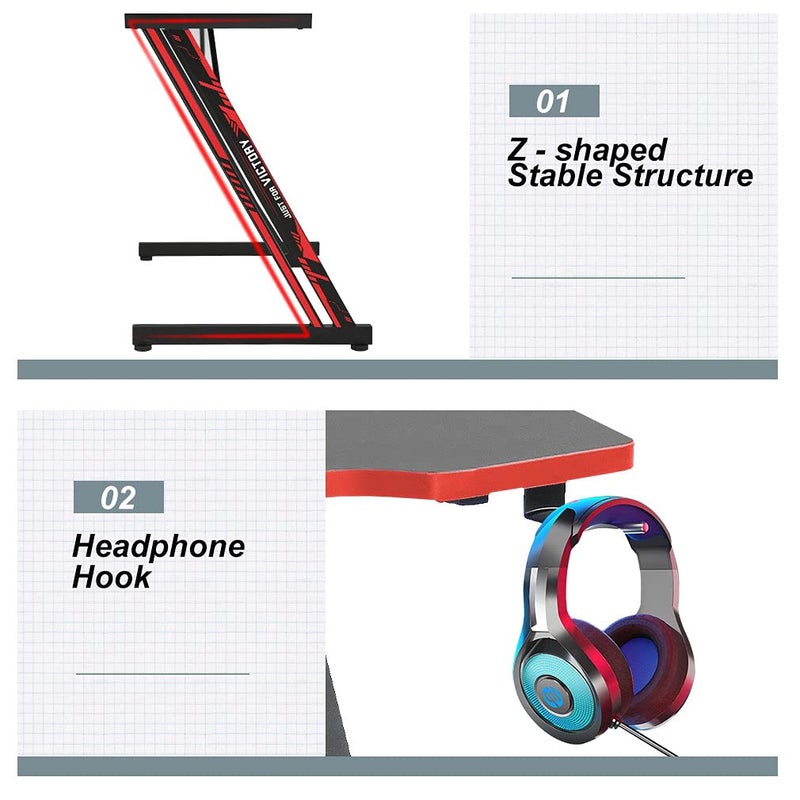 BestOffice Gmaing Desk 35.4in PC Computer Desk Z Shaped Gaming Workstation Ergonomic Gaming Table with Headphone Hook for Home Office, Red - Image 5