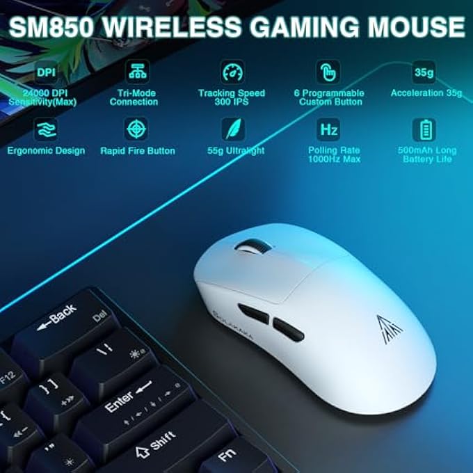 SOLAKAKA SM850 WIRELESS GAMING MOUSE, 24000 DPI, 55G LIGHTWEIGHT MOUSE GAMING, 6 PROGRAMMABLE BUTTONS, ERGONOMIC COMPUTER MOUSE, TRI-MODE BT5.1/2.4G/USB-C 250H BATTERY LIFE PC GAMING MICE FOR LAPTOP - Image 2
