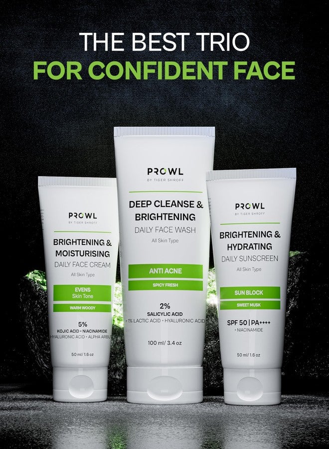 PROWL by Tiger Shroff Facecare Gift Set for Men with Facewash, Face Cream and SPF50 Sunscreen | Daily Brightening, Hydrating & Anti-Acne Grooming Kit | All Skin Type Skincare Combo | Set of 3 - Image 2