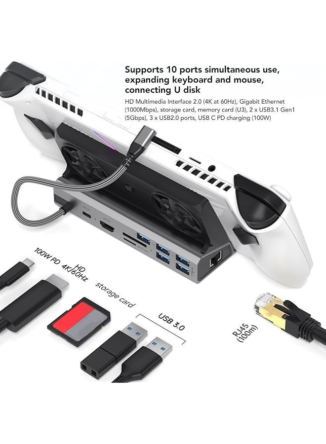 PROMASS Docking Station Compatible with Steam Deck, 10 in 1 for Rog Ally Dock, Station with 5 USB 3.0 2.0 Dual Cooling Fan HD Multimedia Interface 4K At 60Hz 100W Charging  - Image 2