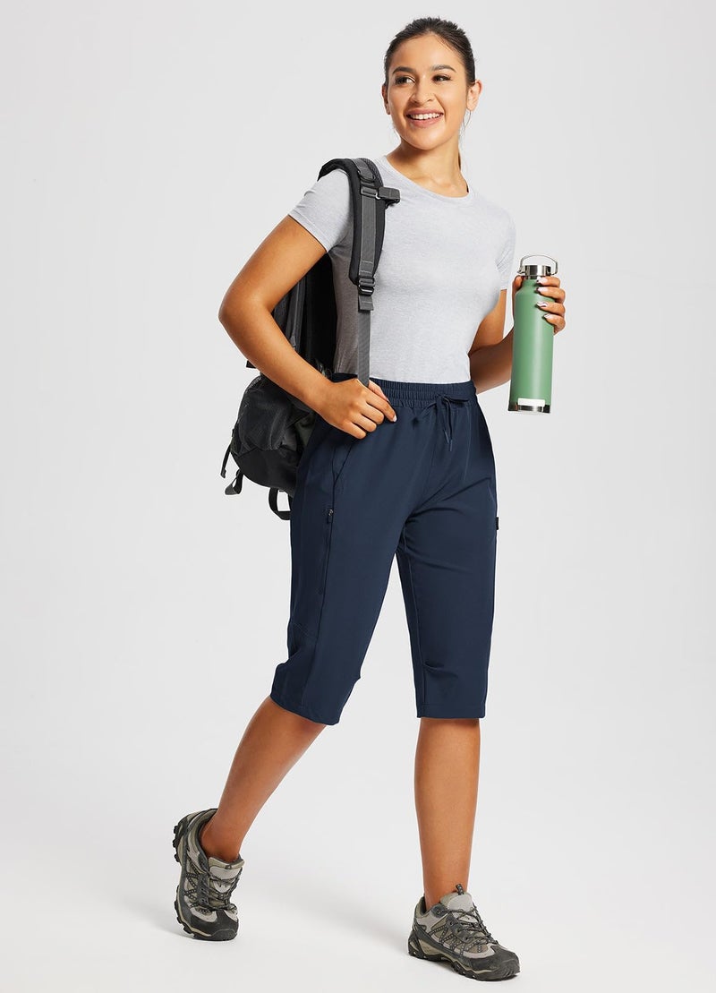 baleaf Women's 15" Long Hiking Capri Below The Knee Quick Dry Cargo Shorts UPF 50 Lightweight Zip Pocket Elastic Waist Dark Blue XL - Image 3