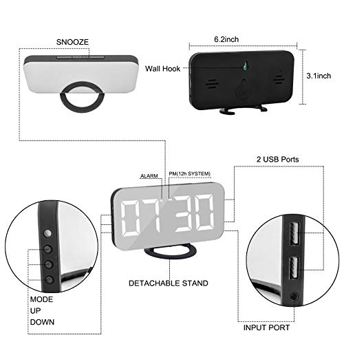 SZELAM Digital Clock Large Display, LED Alarm Electric Clocks Mirror Surface for Makeup with Diming Mode, 3 Levels Brightness, Dual USB Ports Modern Decoration for Home Bedroom Decor-Black - Image 4