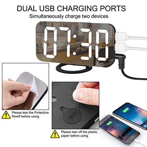 SZELAM Digital Clock Large Display, LED Alarm Electric Clocks Mirror Surface for Makeup with Diming Mode, 3 Levels Brightness, Dual USB Ports Modern Decoration for Home Bedroom Decor-Black - Image 5