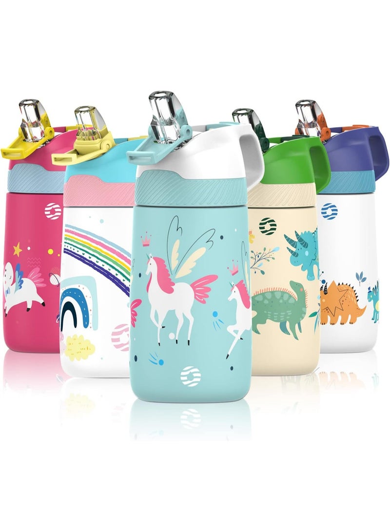 FjBottle Kids Stainless Steel Water Bottles with Straw, 12 oz Leak Proof Insulated Water Bottle Double Wall Keep Hot Cold Drinks Thermos Toddler Bottle with Handle BPA-Free for School - Image 1