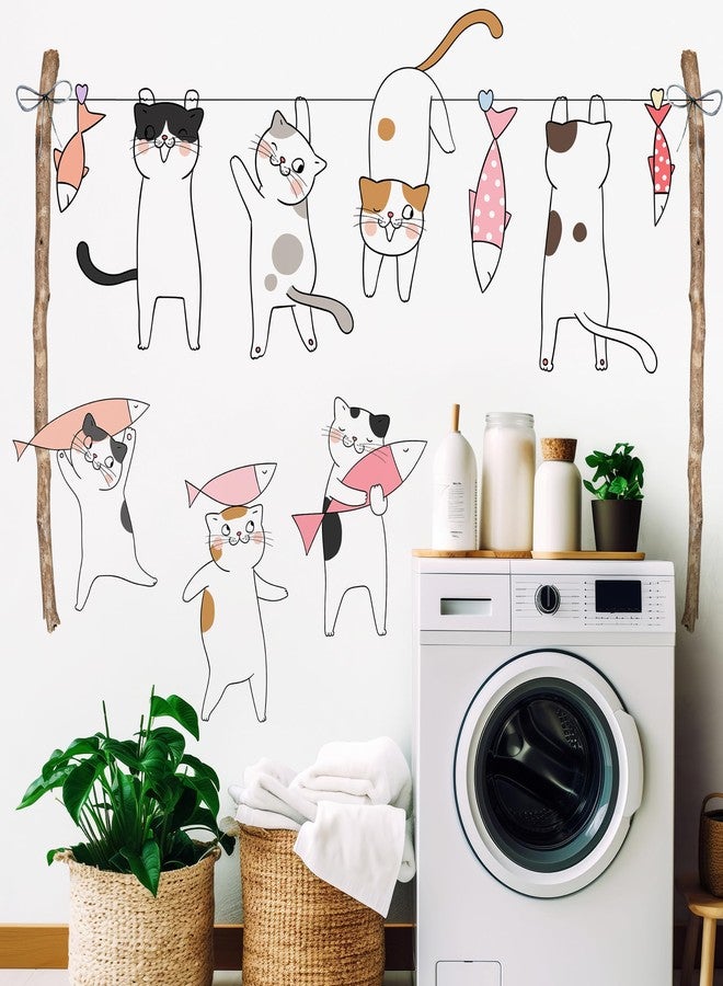 DRWSSR Removable Cartoon Animal Cats Wall Stickers Laundry Room Cats Clothes Hanger Fish Wall Decals Stickers for Girls Bedroom Decal Kids Nursery Sticker Bathroom Wall Art Decoration - Image 1