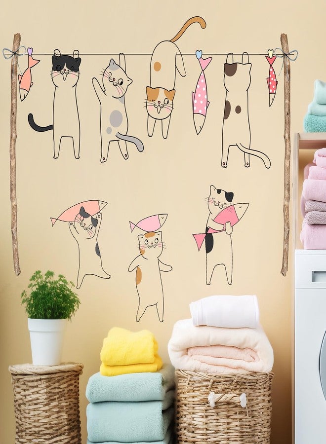 DRWSSR Removable Cartoon Animal Cats Wall Stickers Laundry Room Cats Clothes Hanger Fish Wall Decals Stickers for Girls Bedroom Decal Kids Nursery Sticker Bathroom Wall Art Decoration - Image 4