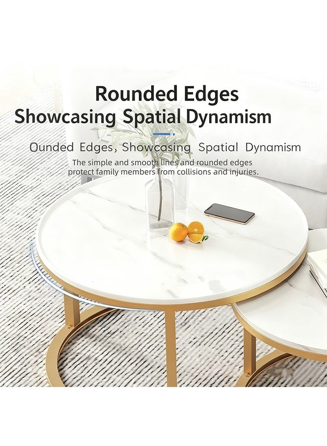 2-Pieces Round Nested Coffee Table Tea TableSet Modern Minimalist Side End Table with Open Storage Countertop for Living Room Bedroom Sofa Side Table, End Table (White) - Image 4