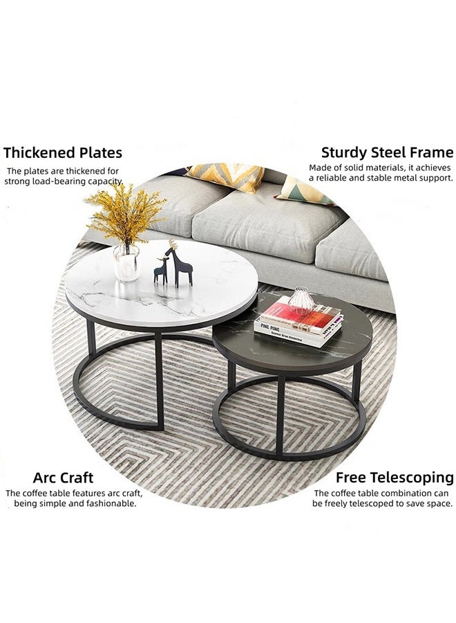 2-Pieces Round Nested Coffee Table Tea TableSet Modern Minimalist Side End Table with Open Storage Countertop for Living Room Bedroom Sofa Side Table, End Table (White) - Image 5