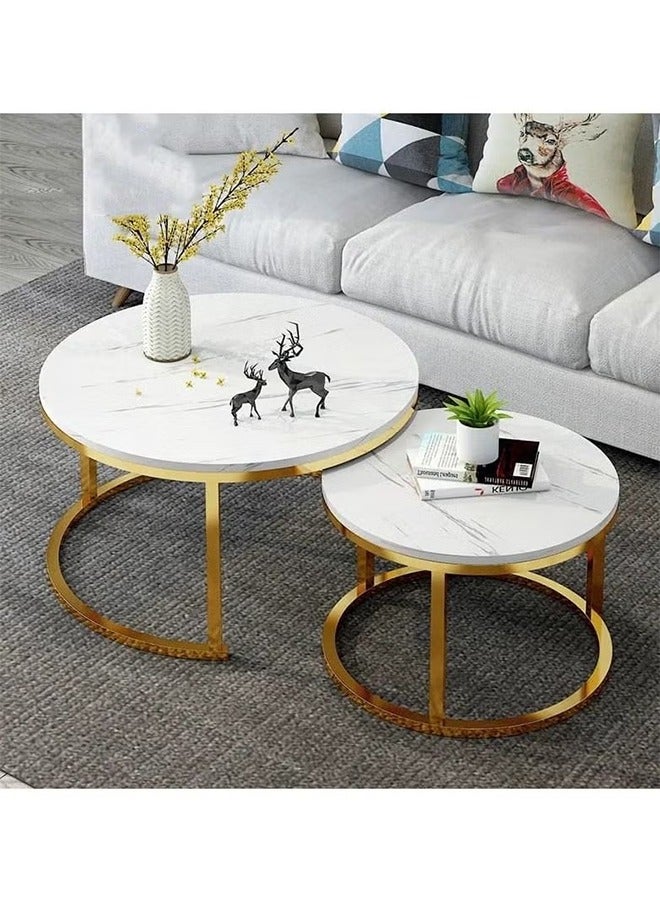 2-Pieces Round Nested Coffee Table Tea TableSet Modern Minimalist Side End Table with Open Storage Countertop for Living Room Bedroom Sofa Side Table, End Table (White) - Image 1