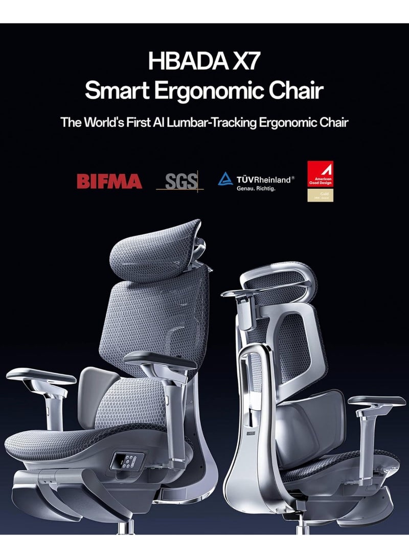 Hbada X7 Smart Ergonomic Chair, Office Chair, with Fully Automated Lumbar Tracking, 4D Adjustable Headrest, 720° Adjustable Armrests, Ventilated Seat Cushion, Swivel, Grey - Image 5