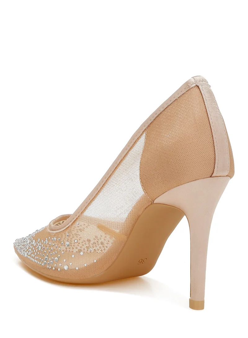 London Rag Mesh Rhinestone Stiletto Pumps in Beige