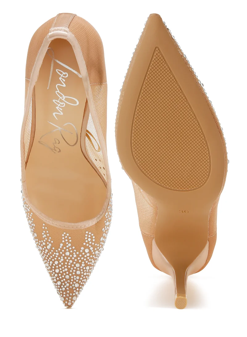 London Rag Mesh Rhinestone Stiletto Pumps in Beige