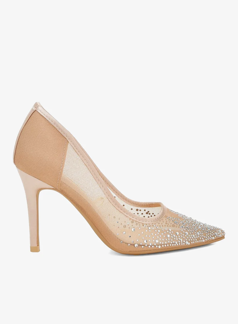 Mesh Rhinestone Stiletto Pumps in Beige