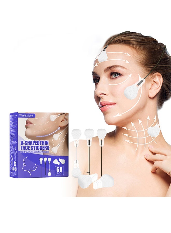 WEST MONTH 60 Pcs Face Lift Tape Tapes with String, Waterproof High Elasticity V Shape Lift Tape Stickers for Wrinkles Jowls Neck Eye, Quick Face Lifting Band for Women Face Beauty - Image 1