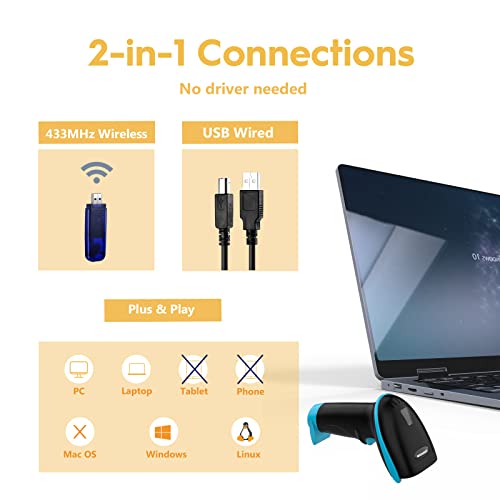 NADAMOO Wireless Barcode Scanner 328 Feet Transmission Distance USB Cordless 1D Laser Automatic Barcode Reader Handhold Bar Code Scanner with USB Receiver for Store, Supermarket, Warehouse - Blue - Image 2
