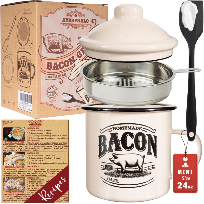 Ayerphalo Bacon Grease Container with Strainer - With Food-Grade Silicone Spatula, 24oz Enamel Rustic Farmhouse Fat Container, Keeper, Recipes, Dishwasher Safe - Image 1