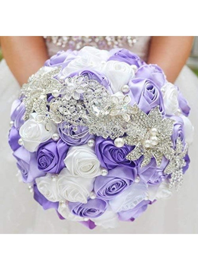 IFFO Bride Holding Flowers, Romantic Wedding Colorful Rose Bride 's Bouquet,Purple Pink Bridal Bouquets (White Purple) - Image 2