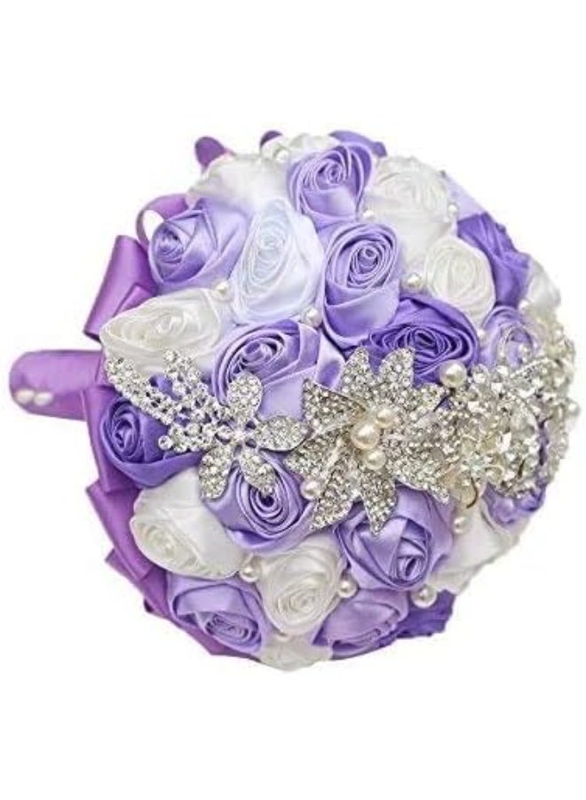 IFFO Bride Holding Flowers, Romantic Wedding Colorful Rose Bride 's Bouquet,Purple Pink Bridal Bouquets (White Purple) - Image 1