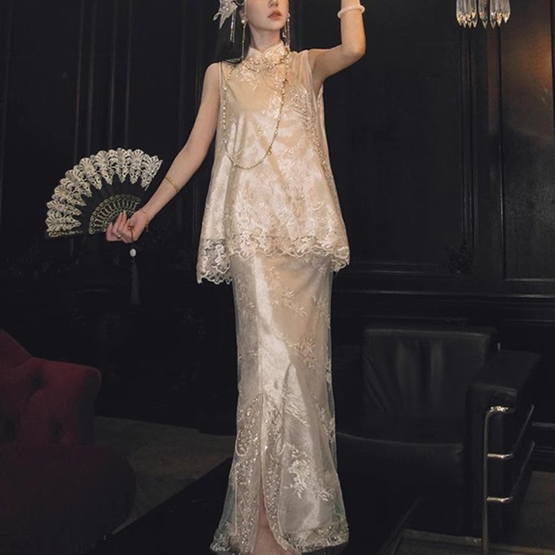 New Chinese Style Lace Beaded Waistcoat and Mermaid Skirt Set - Image 5