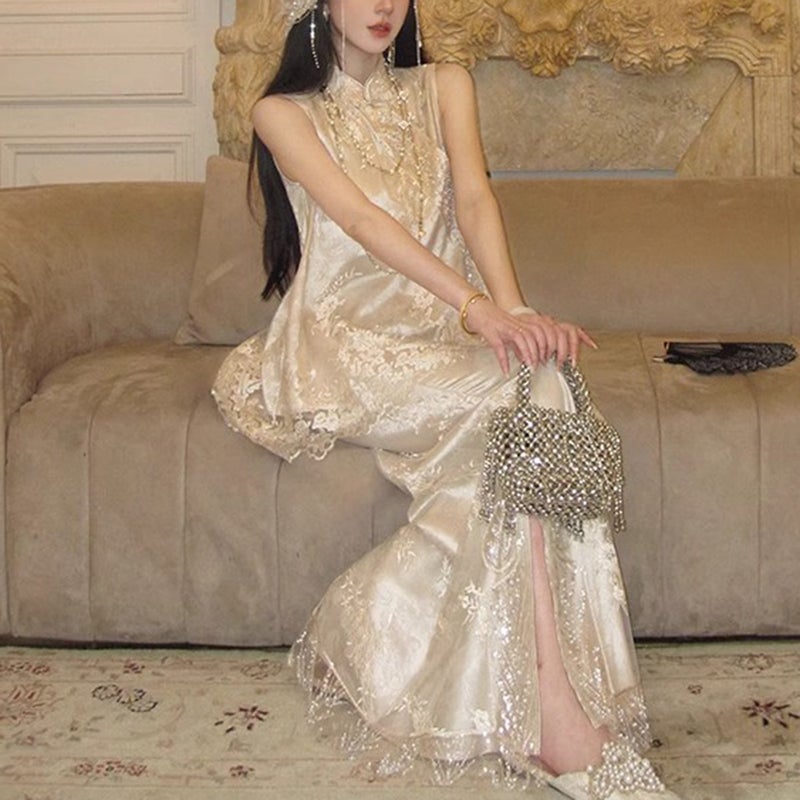 New Chinese Style Lace Beaded Waistcoat and Mermaid Skirt Set - Image 3