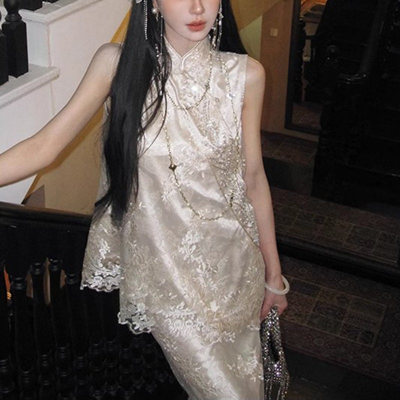 New Chinese Style Lace Beaded Waistcoat and Mermaid Skirt Set - Image 4