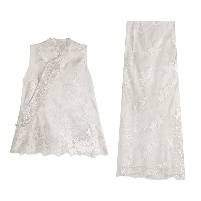 New Chinese Style Lace Beaded Waistcoat and Mermaid Skirt Set - Image 1