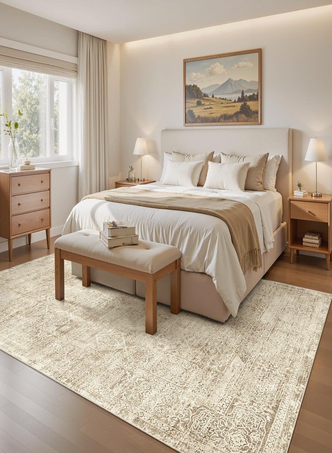 Soalmost 5x7 Area Rugs Brown Low Pile Indoor Washable Trendy Faded Style Floral Rugs for Bedroom Living Room Dining Room Foldable Non-Slip Thin Print Mat - Image 3