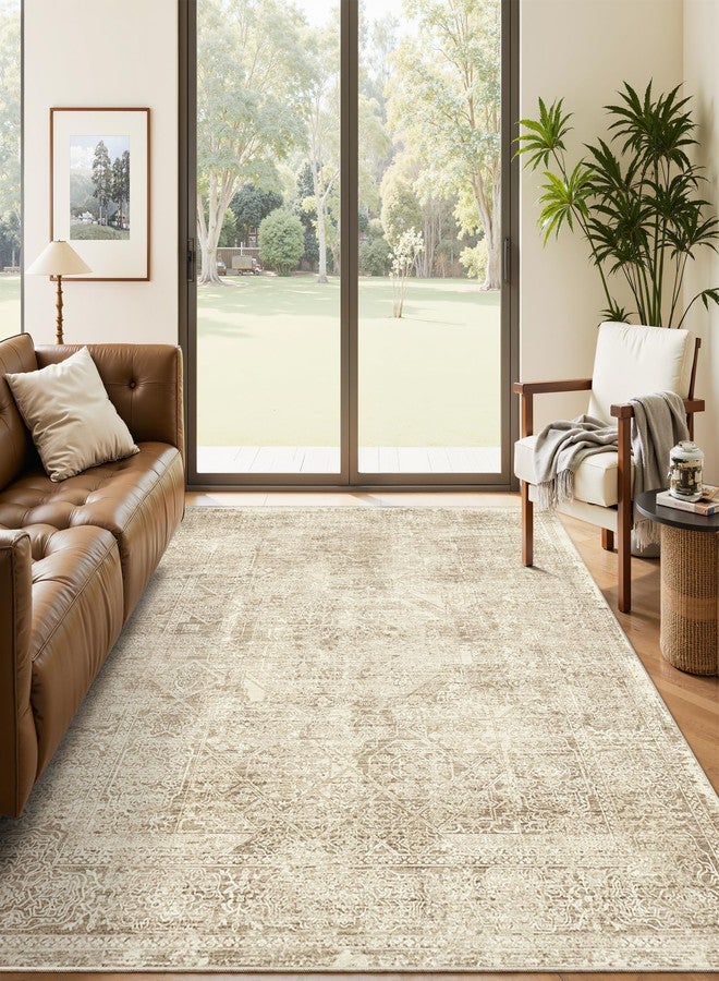 Soalmost 5x7 Area Rugs Brown Low Pile Indoor Washable Trendy Faded Style Floral Rugs for Bedroom Living Room Dining Room Foldable Non-Slip Thin Print Mat - Image 1