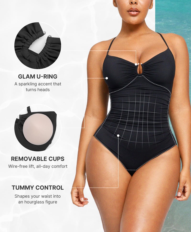 SHAPELLX Womens Swimsuits Tummy Control Bathing Suit Slimming One Piece U-Ring Shapewear Shaping Swimwear Black Medium - Image 4