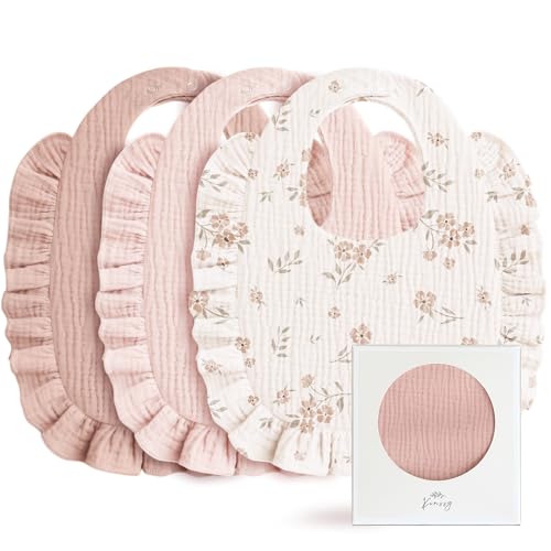 Konssy Muslin Baby Bibs for Girls Soft 100 Cotton Drool Bibs Ruffle Trim for Newborns Toddlers 036 Months 3Pack - Image 1